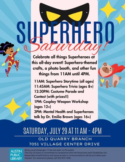 Headed to Superhero Saturday with @AustinPublicLib details bit.ly/TX1FAPLSAT @TexasOneFund