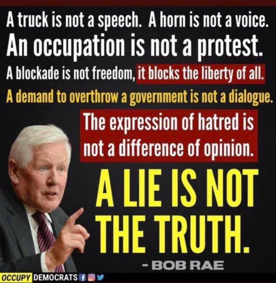 The Convoy organizers' hypocrisy about their precious freedom is mind-bending given they didn't give a damn about the Ottawa residents they abused for weeks. #cdnpoli

"...the legal action against them unduly limits their freedom of expression...."

Bob Rae said it best.