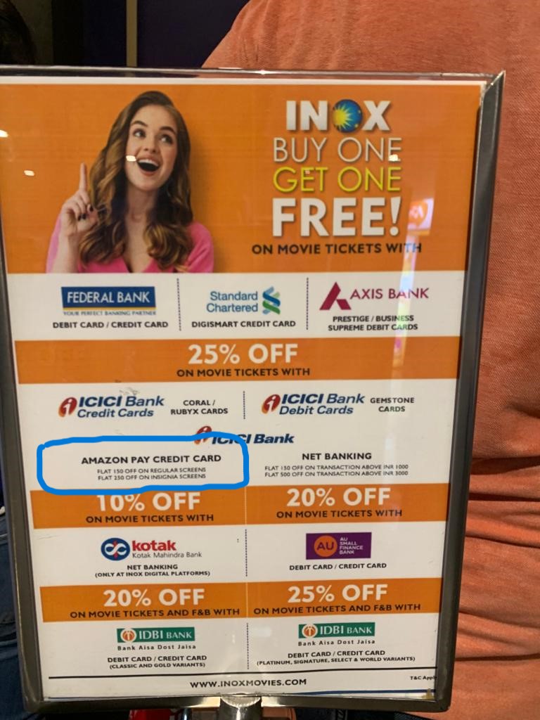 Advertising in <a href="/INOXMovies/">INOX Movies</a> Amanora Mall, Pune states there is an offer on using <a href="/ICICIBank/">ICICI Bank</a> Amazon Pay Credit Card but it does not work. When objected, was told that it is only for Online transactions but on the advertising board, there is no mention like that <a href="/jagograhakjago/">Consumer Affairs</a>