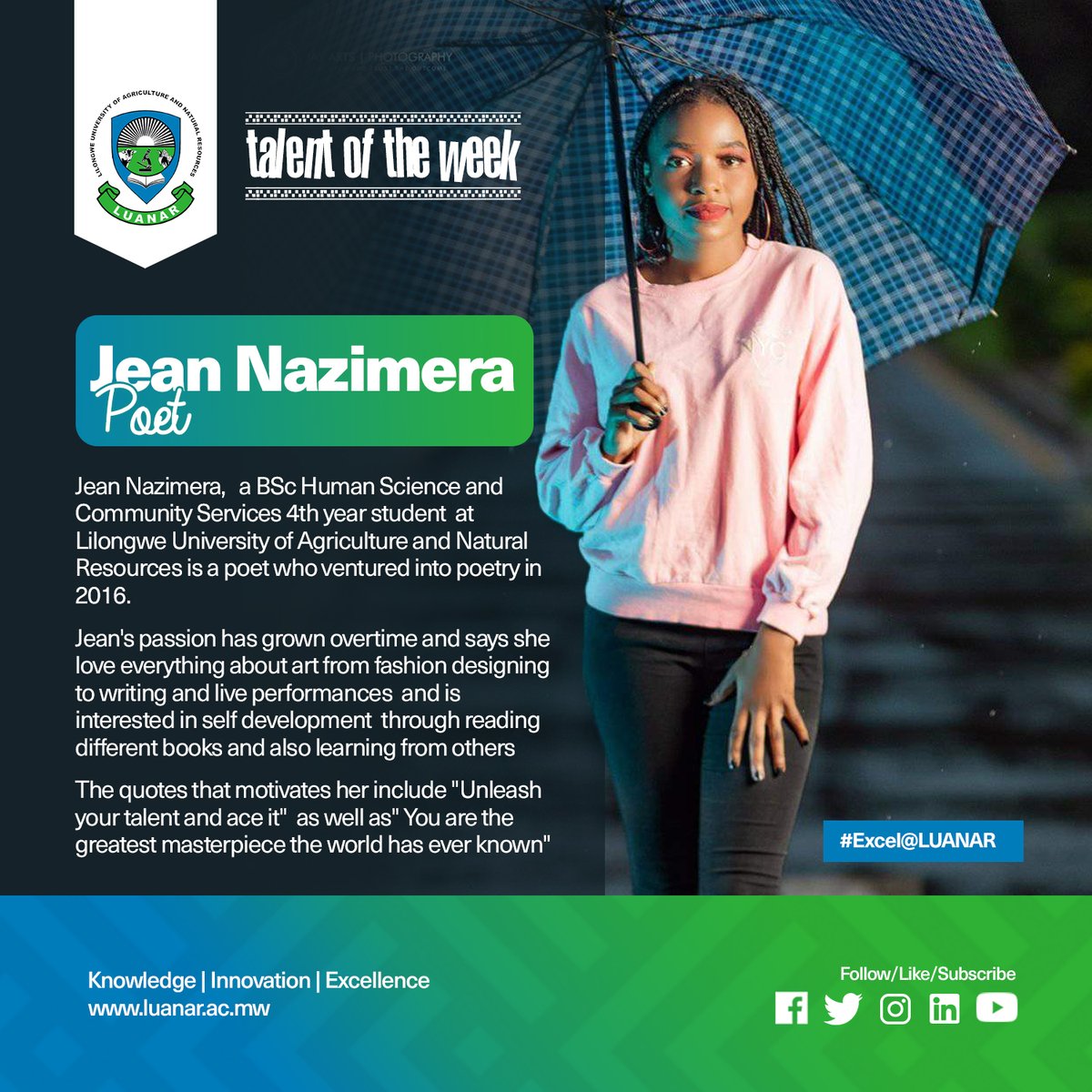 #talentoftheweek
Introducing Jean Nazimera: The Poetic Soul!

Meet our featured talent, Jean Nazimera, Meet Jean a gifted poet whose words transcend the ordinary and touch the divine. Currently in her final year at LUANAR, Jean embarked on her poetic odyssey in 2016, and since…