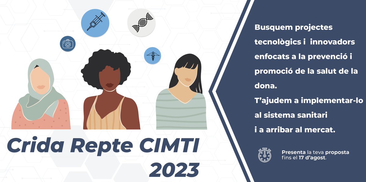 CIMTI_cat's tweet photo. ⌛️LAST CALL!
Si tens un projecte innovador adreçat a fomentar la #salutdeladona i contribuir a reduir el biaix de gènere existent en el seu accés als serveis de #salut, opta a accedir al nostre #ProgramaImpacte.
Inscriu-te! Tens temps fins el 17/08.
✍️https://t.co/tXGiCdUvf0 https://t.co/zkl7XYVEsC