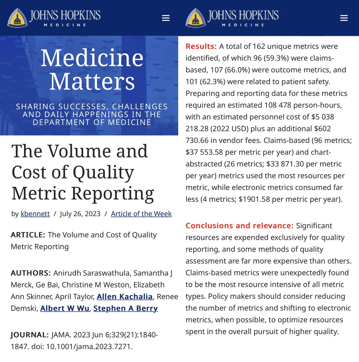 Coverage by <a href="/HopkinsMedicine/">Johns Hopkins Medicine</a> of our study in <a href="/JAMA_current/">JAMA</a>: …ine-matters.blogs.hopkinsmedicine.org/2023/07/the-vo… Study link: jamanetwork.com/journals/jama/…  <a href="/AniSaraswathula/">Ani Saraswathula, MD</a>
<a href="/allenkachalia/">Allen Kachalia</a> <a href="/withyouDrWu/">Albert Wu</a> <a href="/hopkins_ent/">Johns Hopkins OHNS</a>
<a href="/JHM_Armstrong/">Armstrong Institute</a>
