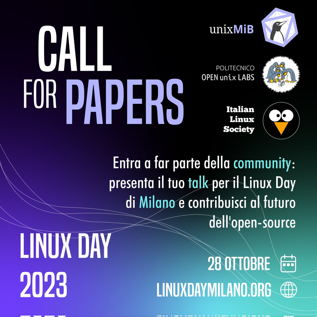 UnixMiB's tweet image. 📣 APERTA LA CALL FOR PAPERS PER IL LINUX DAY 2023
Se avete un'idea, una tecnologia, un caso d'uso o in generale qualcosa Open Source di cui volete parlare, inviateci la vostra proposta: survey.linux.it/index.php/2935…
La deadline è il 21 settembre 2023!