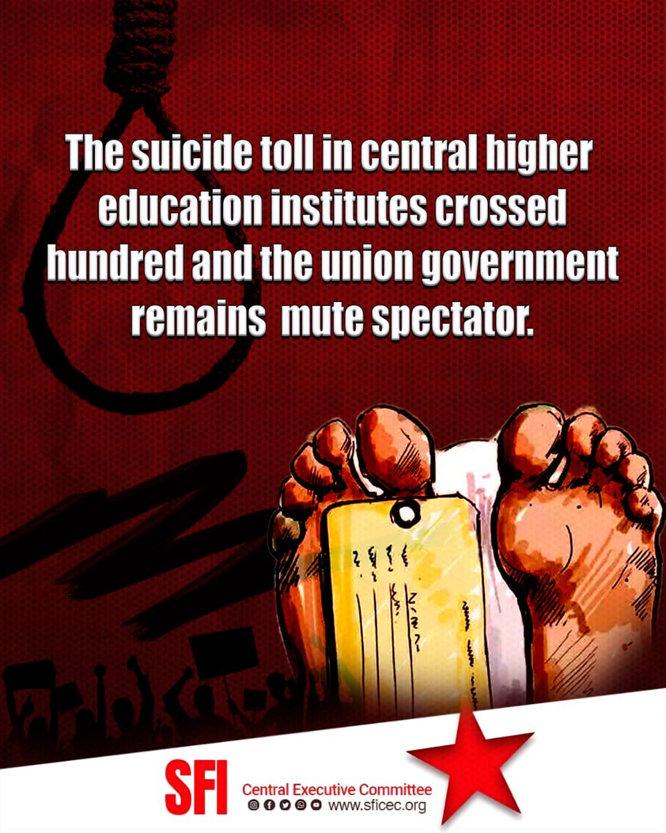 sfimaha's tweet photo. @sfimaha expresses deep concern over the alarming rise in student suicides in central higher education institutes. Shocking data reveals over 100 suicides since 2018 with IITs, NITs, Central Universities and other prestigious institutions affected.

 #HigherEducationCrisis https://t.co/OcDt5hNXJS