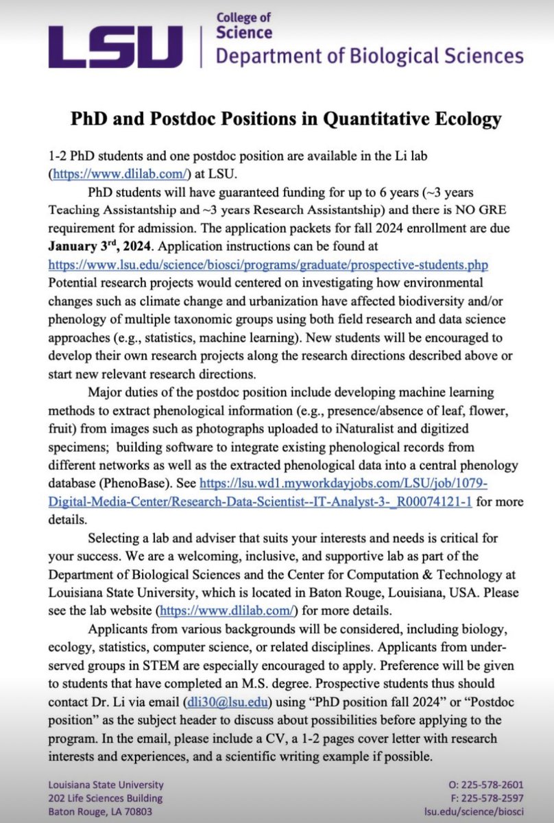 Dr. Li’s lab is looking for 1-2 PhD students and 1 postdoc. 
#phdopportunity
#phdposition #postdocposition #quantitativeresearch #LSU #usa