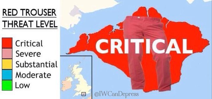 The current threat level from Red Trousers for the ISLE OF WIGHT is assessed as CRITICAL despite Isle of Wight Council’s best efforts to contain the outbreak by closing the Floating Bridge #cowesweek #iwnews