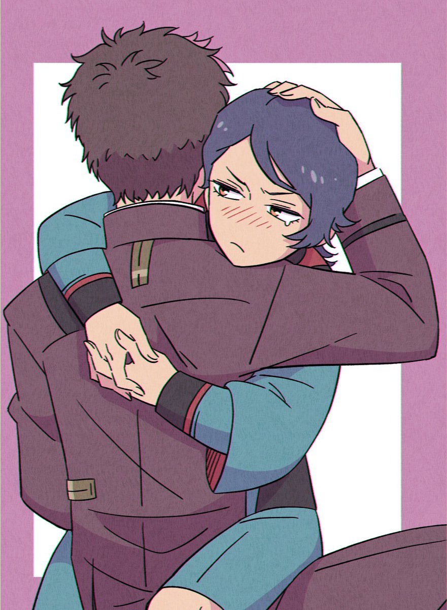 school uniform hug blush brown hair blue hair uniform 1boy  illustration images