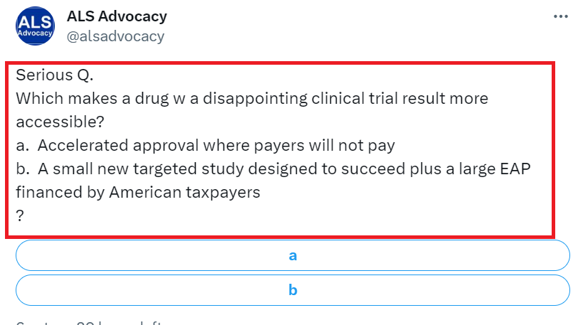 MinoShah's tweet image. I would like to draw attention to @alsadvocacy Cathy who I believe has been &amp;amp; continues to be a major obstacle to #ALS progress.

MARK MY WORDS.  Cathy has &amp;amp; will continue to do everything possible to prevent Nurown approval.

She recently cleverly posed a FALSE question (below)…