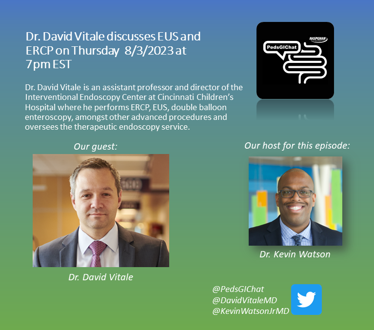 🚨New #pedsgichat coming at you next week! Continue the conversation from @bowelsounds airing Monday. We will be joined by @DavidVitaleMD to discuss #EUS and #ERCP. You don't want to miss it!! 💥💥 @KevinWatsonJrMD #endoscopy #medtwitter @GItwitter #pedsgi