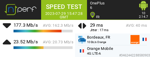 Ari33260's tweet image. ↓177 Mb/s ↑23 Mb/s, ⇄ 29 ms / mobile:Orange Mobile / #OnePlus6 / #nPerf v2.14.7 /

4G Autoroute #4GOrange - CASTETS NORD