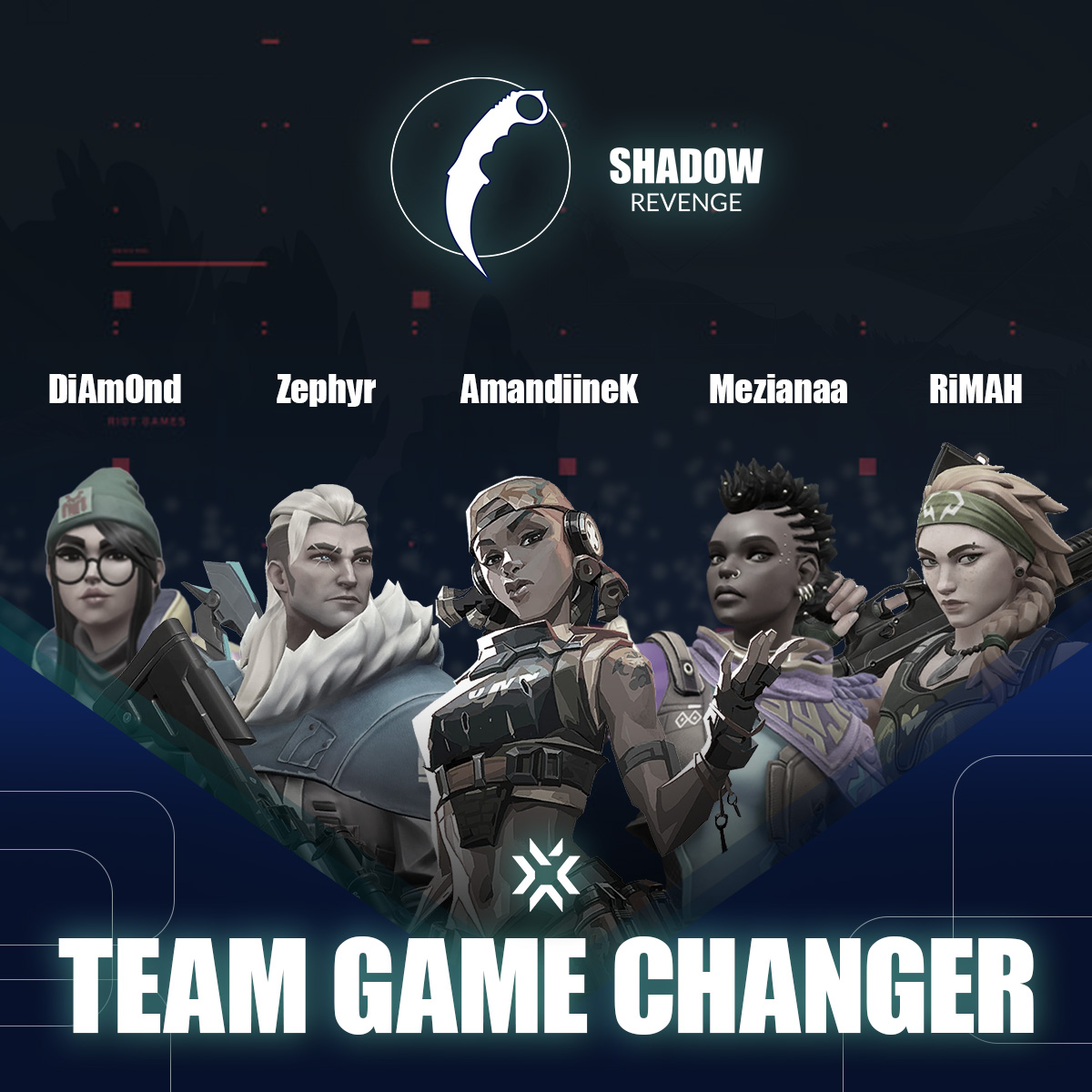 Nouveau nom, nouvelles joueuses, nouveaux objectifs !

Nous participons aux VCT GC EMEA Contenders #2 Qualifier 🔥🔥

🗡️ <a href="/RiMAftw/">RiMAH.-</a> 
🔫 <a href="/AMANDiiNE_K/">AMANDiiNEk</a> 
👓 <a href="/DiAmOndCSGO_/">DiAmOnd-</a> 
🏹 <a href="/Zephyr__06/">Zephyr</a> 
🌪️ @Meziana34 

twitch.tv/mezianaa

LET'S GO 💙🤍❤️

#VCTGameChangers 👊