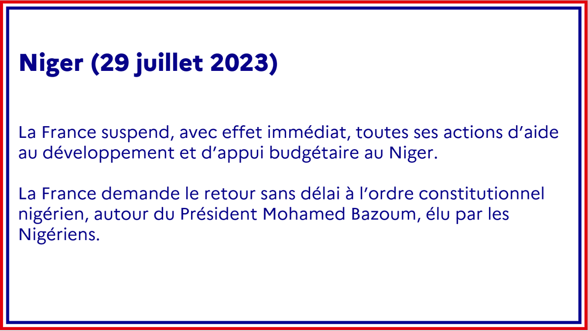 #Niger | La France suspend, avec effet immédiat, toutes ses actions d’aide au développement et d’appui budgétaire au Niger.

Communiqué ➡️ fdip.fr/qXeP64Oi