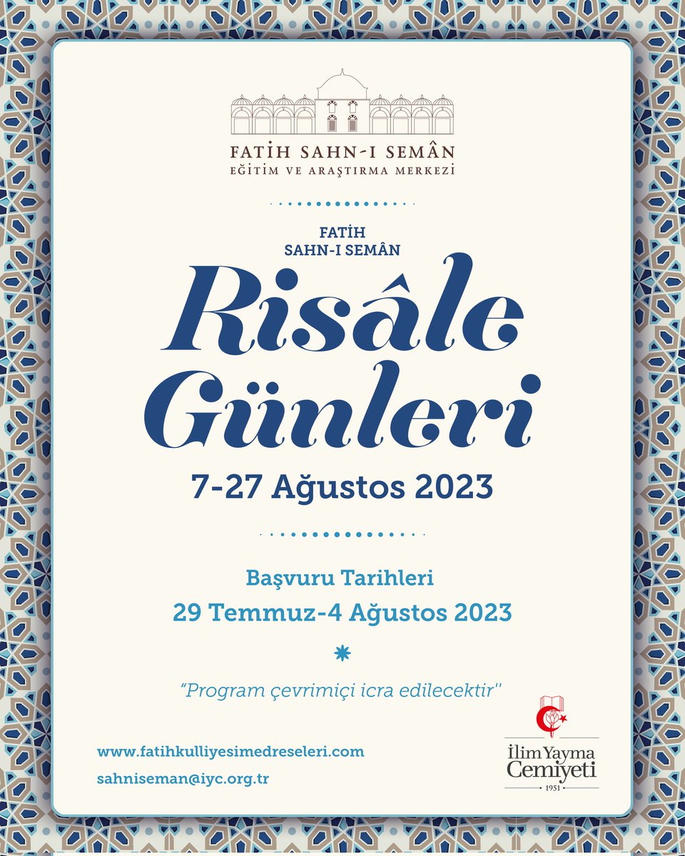 Fatih Sahn-ı Semân Risâle Günleri başvuruları başladı!..

Ayrıntılı bilgi almak ve başvuru yapmak için web sitemizi ziyaret edebilirsiniz. ⤵
fatihkulliyesimedreseleri.com/etkinlik/fatih…