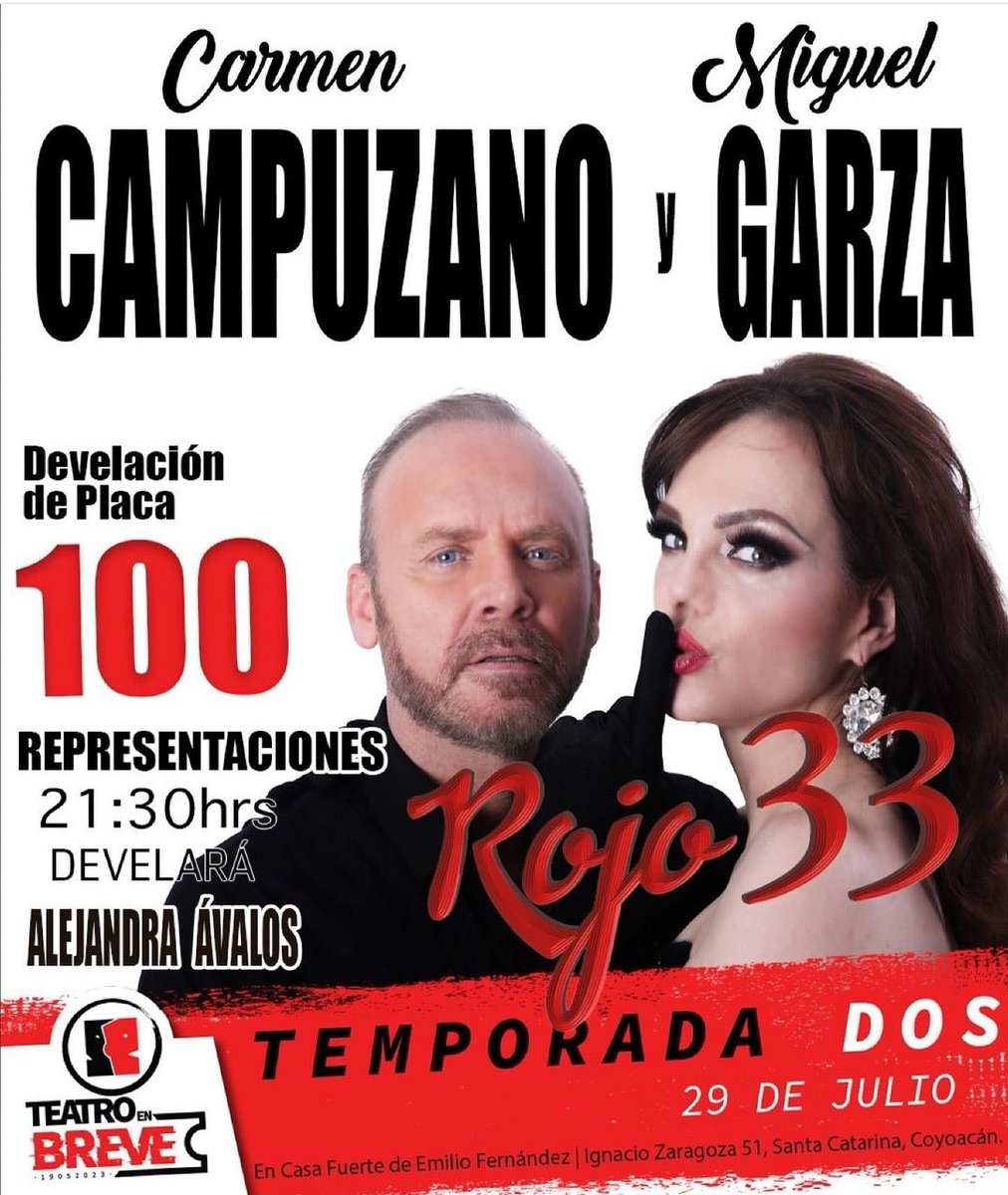 EduiTijerina's tweet image. Último fin de semana de "#ROJO33" en @teatroenbreve
Casa Fuerte de Emilio "El Indio" Fernández, en #Coyoacán. #CDMX.
Con @carmencampuzano
@rossanasanjuan  @yhodda
Dirige: @elalexramirez
Dramaturgia: @EduiTijerina
Prod.: @Toniobc
Devela placa 100: nuestra querida #AlejandraAvalos