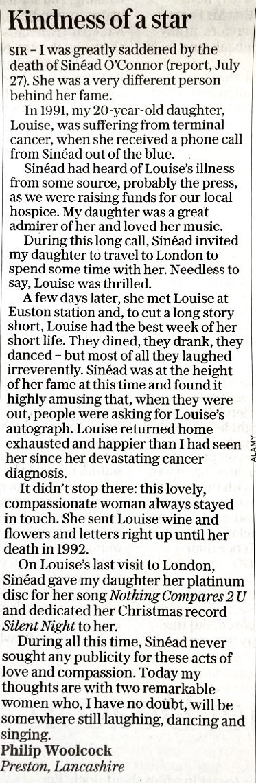 Another example of the many acts of private kindness that were characteristic of Sinéad O’Connor. RIP