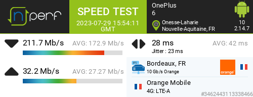 Ari33260's tweet image. ↓211693 kb/s ↑32196 kb/s, ⇄ 28 ms / mobile:Orange Mobile / #OnePlus6 / #nPerf v2.14.7 /