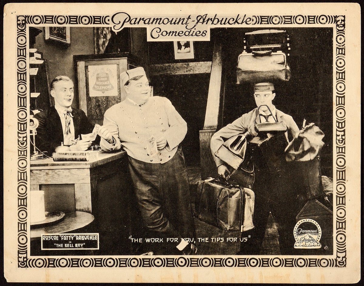 'The work for you, the tips for us.'
#AlStJohn, #RoscoeArbuckle and #BusterKeaton in a lobby card for #TheBellBoy (1918).
