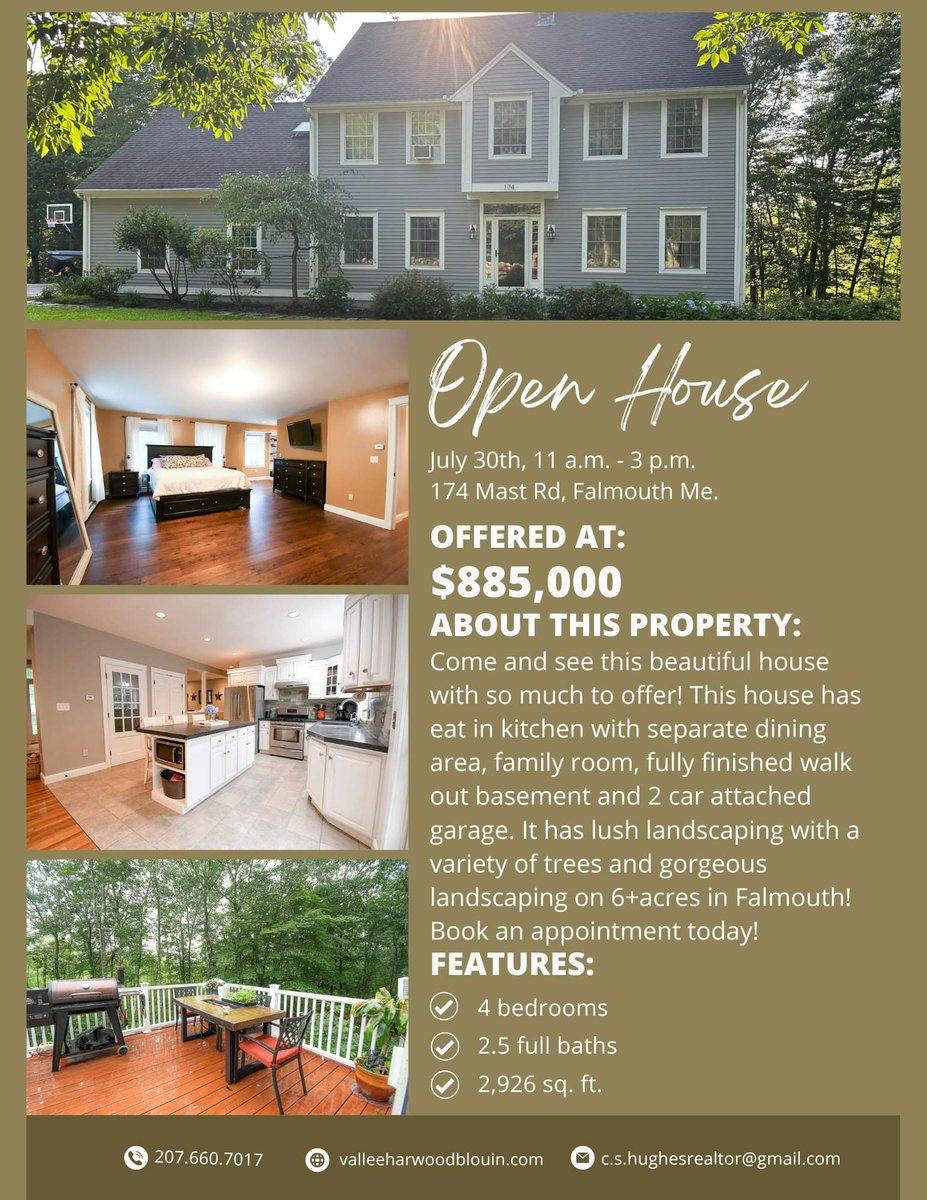 Open House tomorrow from 11am-3pm.

174 Mast Rd Falmouth, ME 
4bd/2.5ba w/2car attached on 6+acres.

Asking:$885k

#realtor #realestate #mainerealestate #OpenHouse #Falmouth #Maine