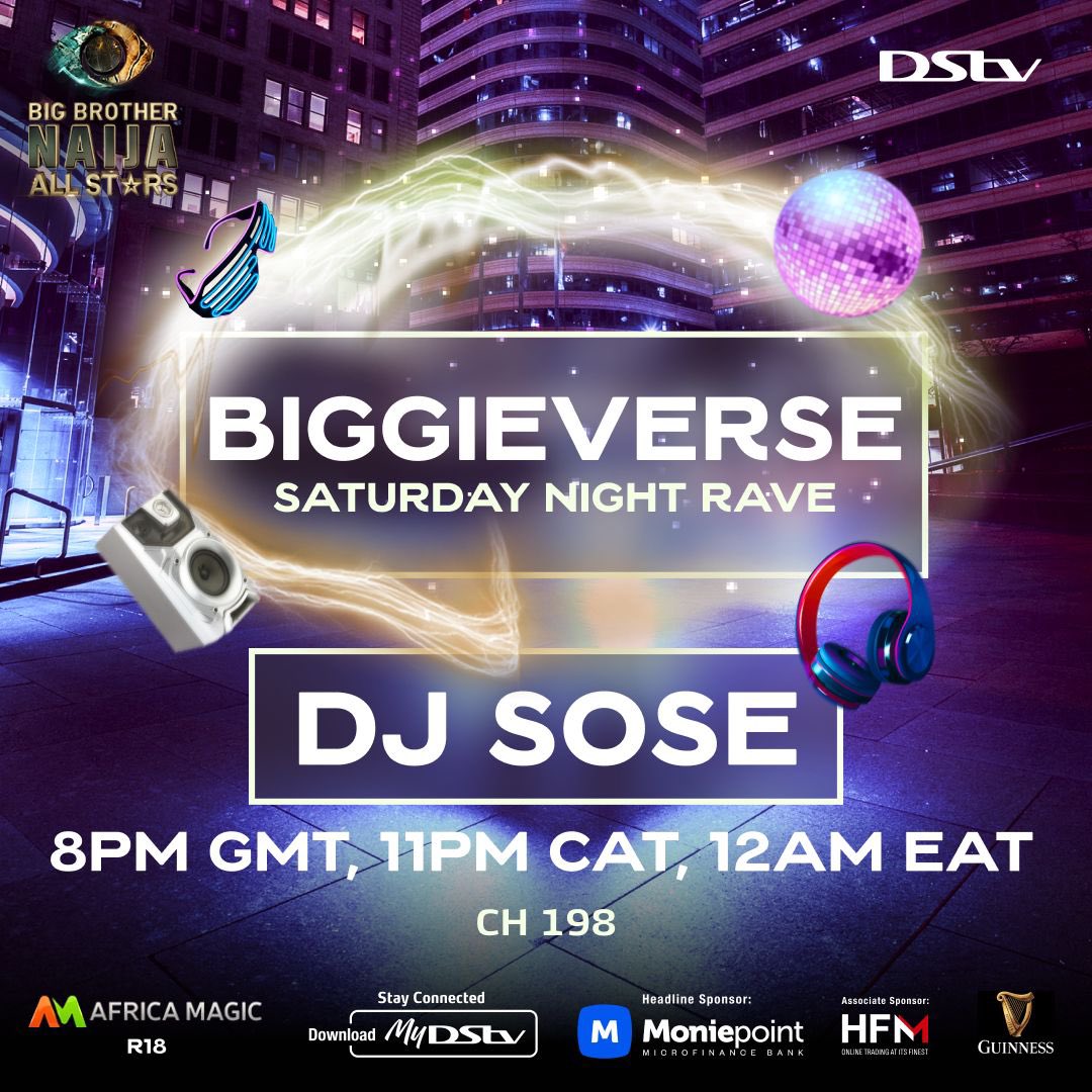 #BBNaijaAllStars Saturday Night Party

Are you Ready for DJ Sose at the Rave at 12:00Am  EAT 🪩 💃🏾 🕺🏾 

Tune in to DSTv Ch. 198
Download the #DStvAppOnTheGo👉🏿 bit.ly/3o5ET2a to stream content on your phone Anywhere, Anytime.

#BBNaijaAllStars