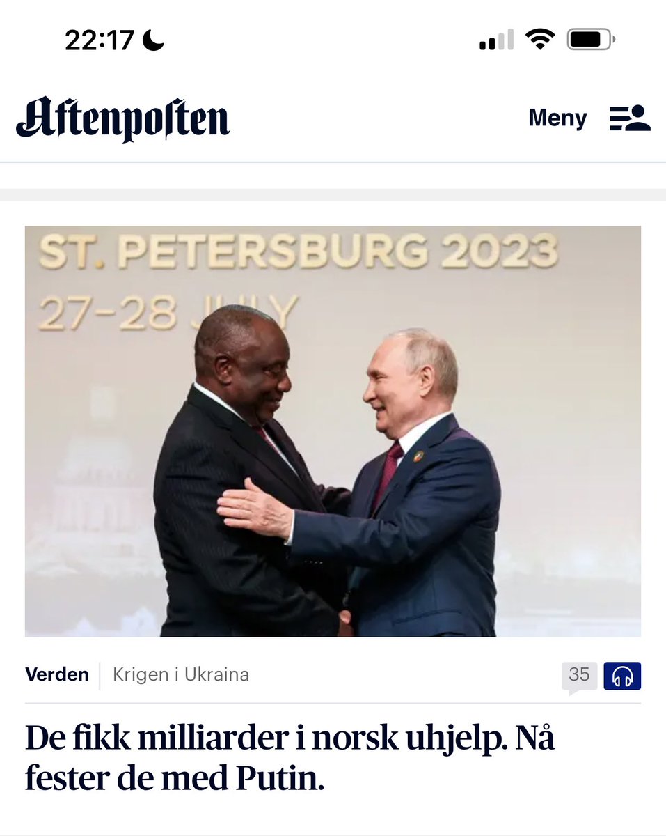 «Afrika fester med Putin.» Synes dere vinklingen er etisk innafor, <a href="/Aftenposten/">Aftenposten</a> ?

Afrika dør av sult, <a href="/Aftenposten/">Aftenposten</a>😢