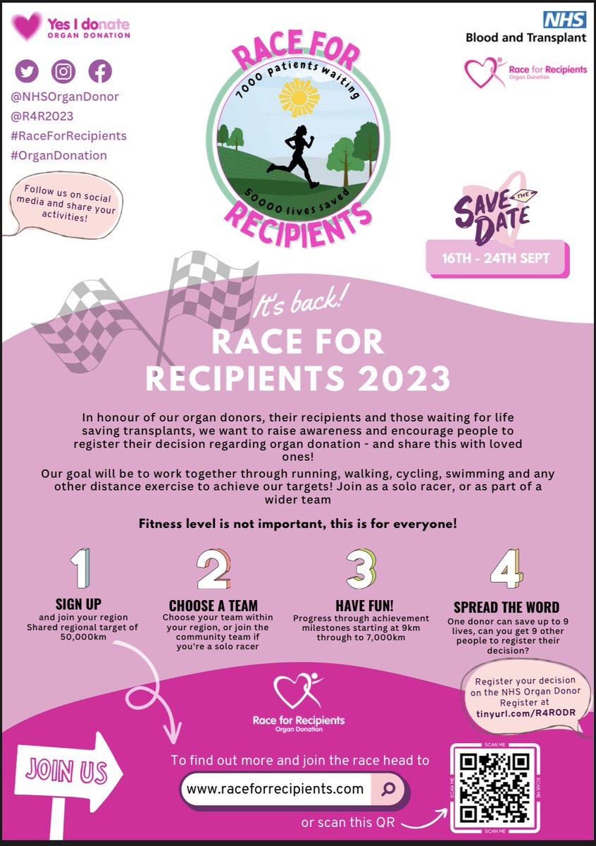 Registration for #RaceForRecipients 2023 is OPEN!! Head to raceforrecipients.com to sign up to this amazing event! Encouraging everyone, everywhere to get active during #OrganDonationWeek to raise awareness of making a donation decision in honour of donors and the lives saved