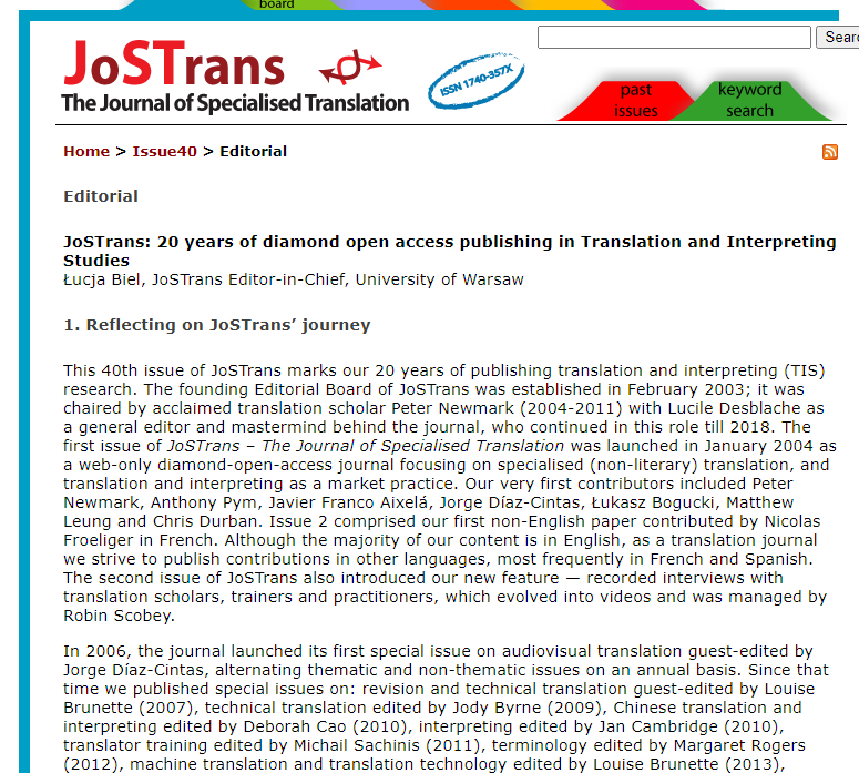 JostransT's tweet photo. JoSTrans Issue 40, July 2023

Łucja Biel
EDITORIAL: JoSTrans — 20 years of diamond open access publishing in Translation and Interpreting Studies

https://t.co/GQhdbEoc84 https://t.co/Q9xDFYn9Z0