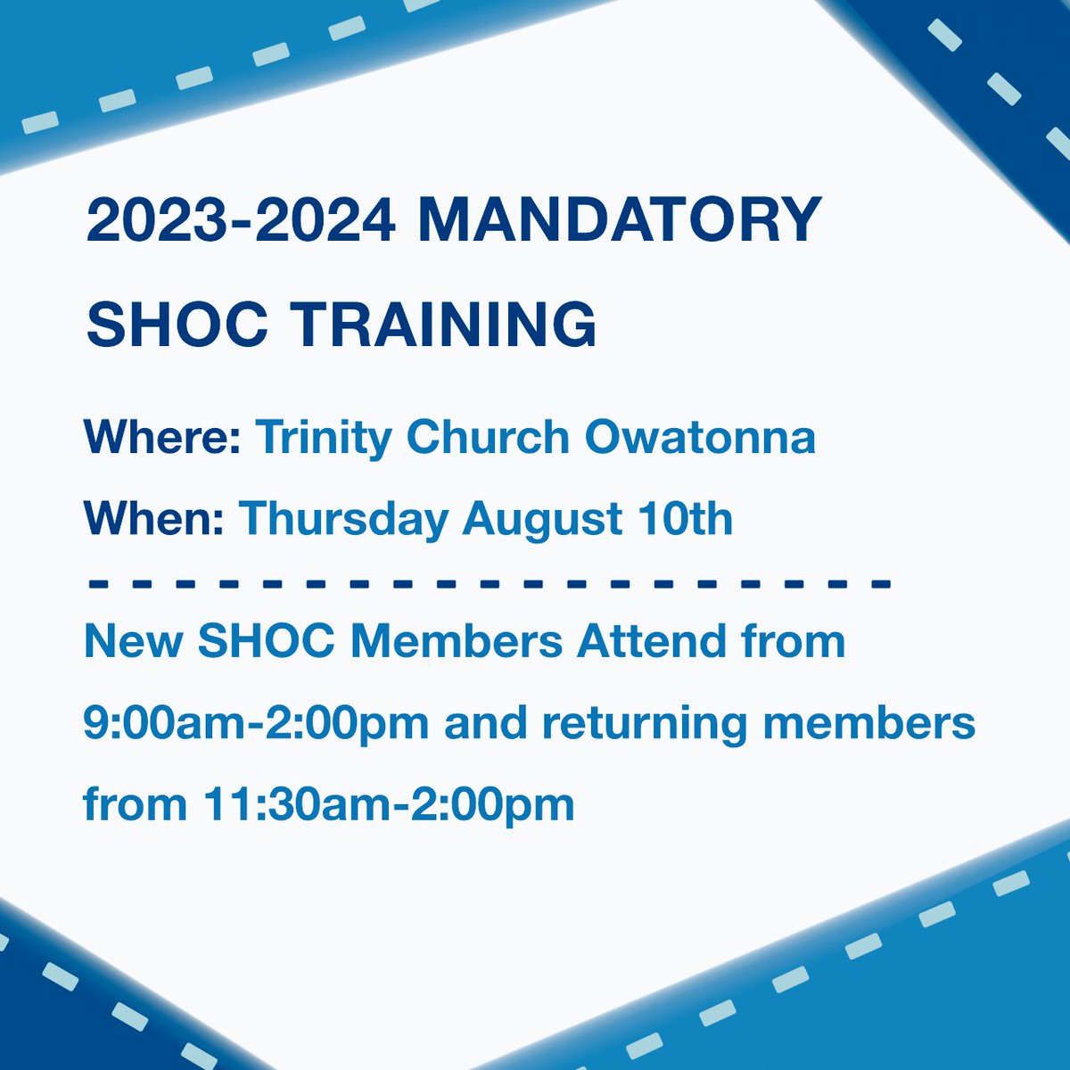 ohsshoc's tweet photo. Hello SHOC Members! Here is some information about the upcoming SHOC training on August 10th, If you canโt attend be sure to reach out to your group leader to learn details about the make up training in September! #OHSSHOC ๐๐ค https://t.co/ptKeWWJJxg