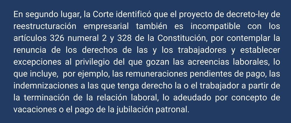 Según la Corte Constitucional, en la ley que envió Lasso, el gobierno intentaba meter de agaché regresiones de derechos laborales de los trabajadores, como renuncia a indemnización por despido, deudas por vacaciones o el pago de jubilación. Ya lárguense, GOBIERNO DE MISERABLES!