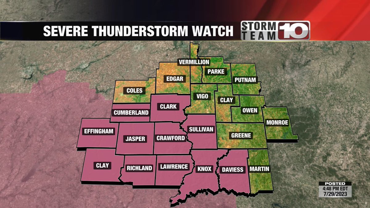 StormTeam_10's tweet photo. A Severe Thunderstorm Watch has been issued for highlighted portions of the Wabash Valley until 7/29 9:00PM CDT.

Stay with Storm Team 10 for the latest information. https://t.co/QNK0FlWbMg
