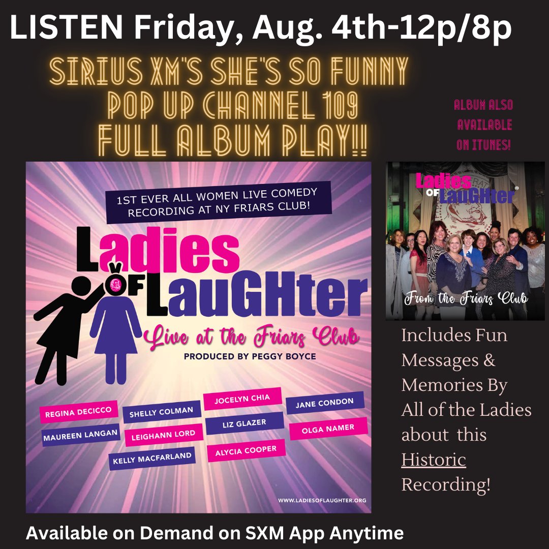 Ladies Of Laughter (@ladiesolaughter) on Twitter photo Hey world! Our album, " Ladies of Laughter From the Friars Club" will be playing on <a href="/SIRIUSXM/">SiriusXM</a> on Friday, Aug. 4th! See info below and please share!! THANK YOU <a href="/SiriusXMComedy/">SiriusXM Comedy</a>! <a href="/JocelynChia/">Jocelyn Chia</a> <a href="/kellymacfarland/">Kelly MacFarland</a> Hey world! Our album, " Ladies of Laughter From the Friars Club" will be playing on <a href="/SIRIUSXM/">SiriusXM</a> on Friday, Aug. 4th! See info below and please share!! THANK YOU <a href="/SiriusXMComedy/">SiriusXM Comedy</a>! <a href="/JocelynChia/">Jocelyn Chia</a> <a href="/kellymacfarland/">Kelly MacFarland</a>