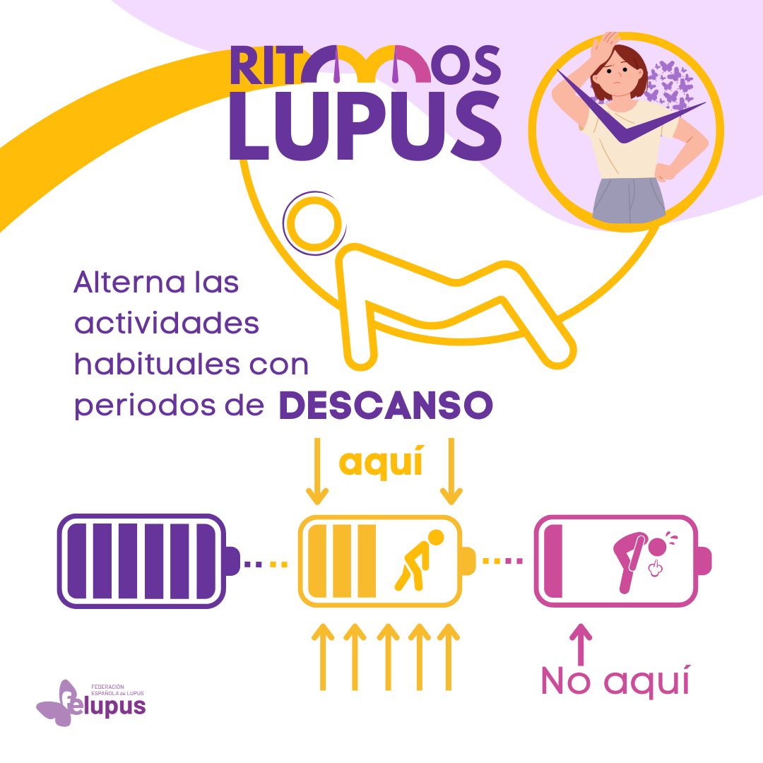 Felupus's tweet photo. La fatiga extrema y la debilidad son dos síntomas habituales en el #Lupus.

🟣 Necesitamos adaptarnos al ritmo que impone la enfermedad para mejorar nuestra calidad de vida.

🎯No esperes a la extenuación y al agotamiento👉🏻 descansa de manera programada entre actividad
#Felupus23 https://t.co/3sOlLG78Zn