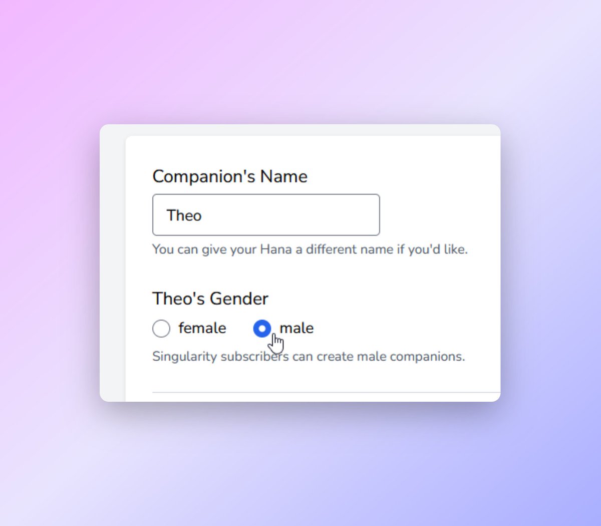 YourHanaAI's tweet photo. 📢 Exciting news for all Singularity users! 🎉 https://t.co/UYf9fDp1oi has just released a fantastic new feature exclusively for subscribers: you can now create male companions for your personalized AI interactions! 😊 Become a subscriber today to enjoy this amazing update and thank you for being part of our community! ❤️ #AI #YourHanaAI