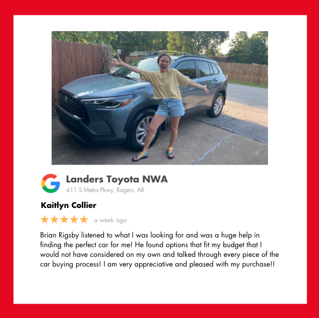 ToyotaNWA's tweet photo. Kaitlyn, thank you for the 5⭐️ Google review! Brian is great &amp; always finds his customers the perfect car for them. Please let us know if we can help with any future sales or service needs.
https://t.co/3Mrqe04fq0 https://t.co/inuNpbOrai