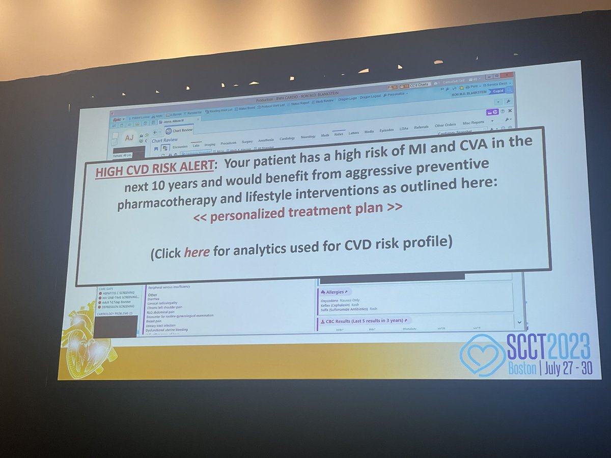 Exciting times ahead for preventive cardiology! Dr @RonBlankstein outlines the future ✨EMR alerts to prompt preventive therapy in patients with ⬆️ CAD risk ✨ personalized treatment plans incorporating genetics, lifestyle, exposures ✨ Quantitative plaque assessment #SCCT2023