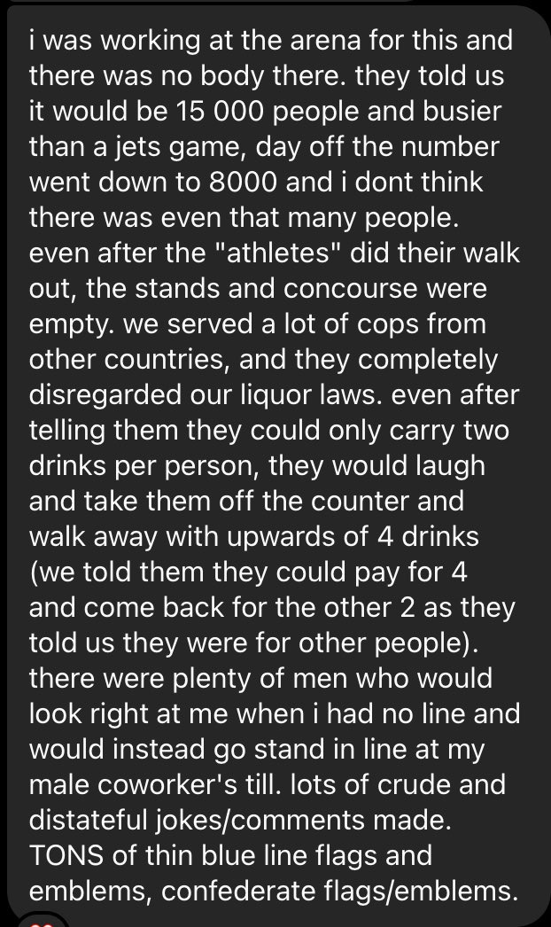 This is an account shared with us about last night's opening ceremonies, from someone who works at Canada Life Centre.

These are the people that <a href="/ScottGillingham/">Mayor Scott Gillingham</a> and <a href="/HStefansonMB/">Heather Stefanson</a> have spent millions in public funds to bring to our city. Appalling.

#CancelWPFG2023