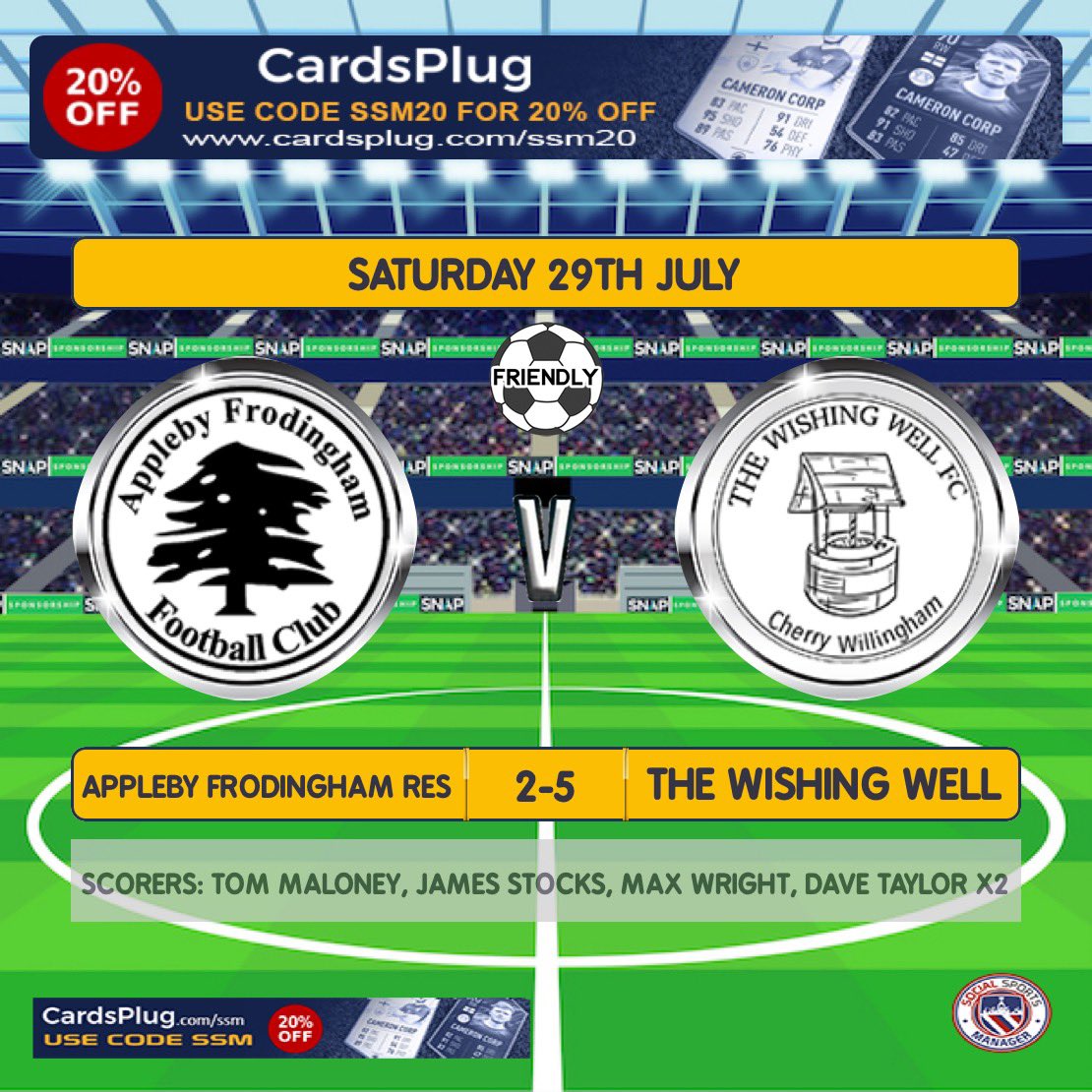 The Well ran out 5-2 winners against Appleby Frodingham Reserves, today. 
Goals coming from <a href="/Maloney_Tom32/">Tom Maloney</a> @jamesstocks98 <a href="/maxwright68/">Max Wright</a> <a href="/dave_taylor22/">Dave Taylor</a> 

Next Up: 

Louth Town Reserves (H)
05/08/23 
3pm