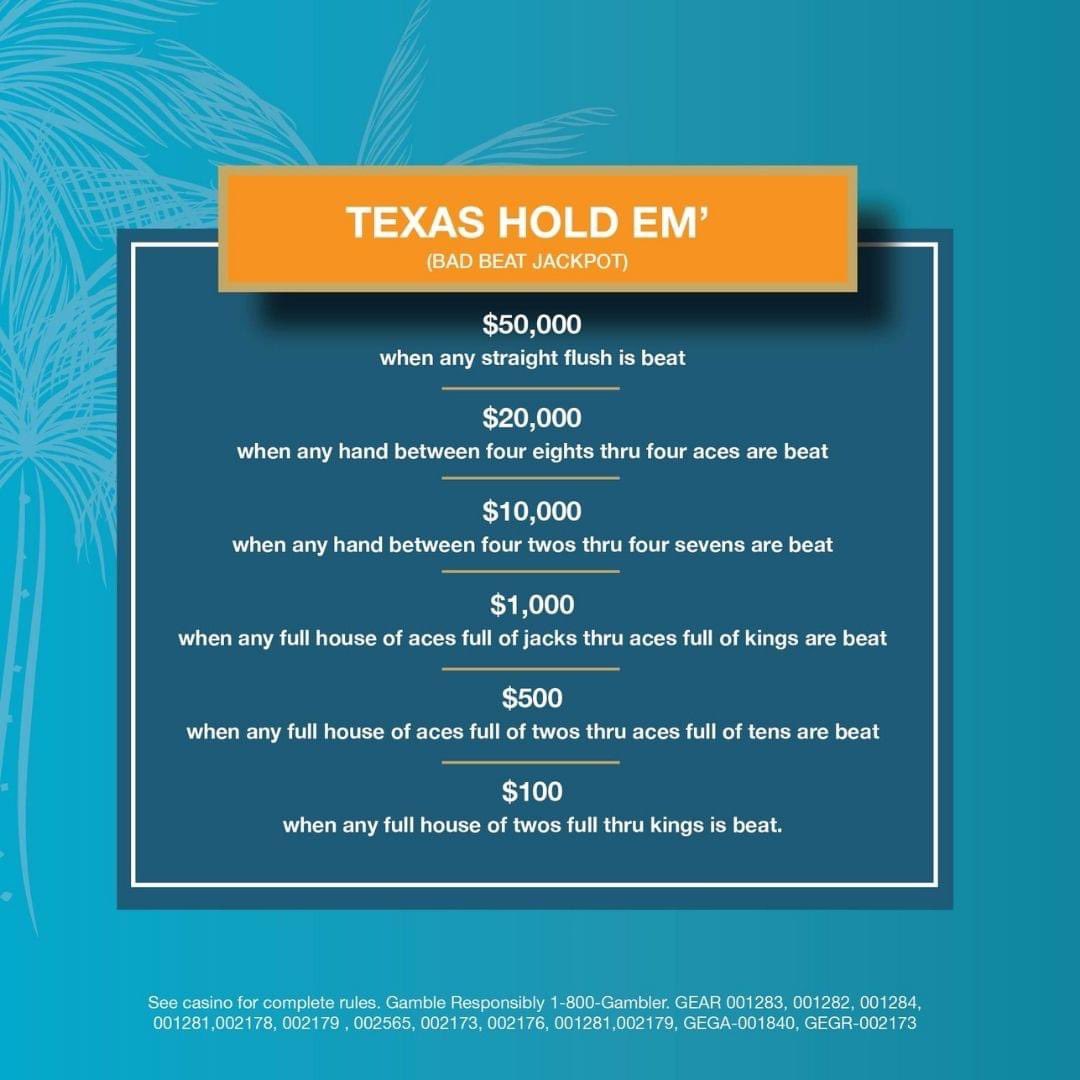 Calling all poker enthusiasts! Parkwest Casino Manteca is your go-to destination for thrilling Texas Hold'em action. And that's not all! Our Bad Beat Jackpots can reward you with payouts up to a whopping $50,000! Join us at the tables and test your skills today! 

Gamble