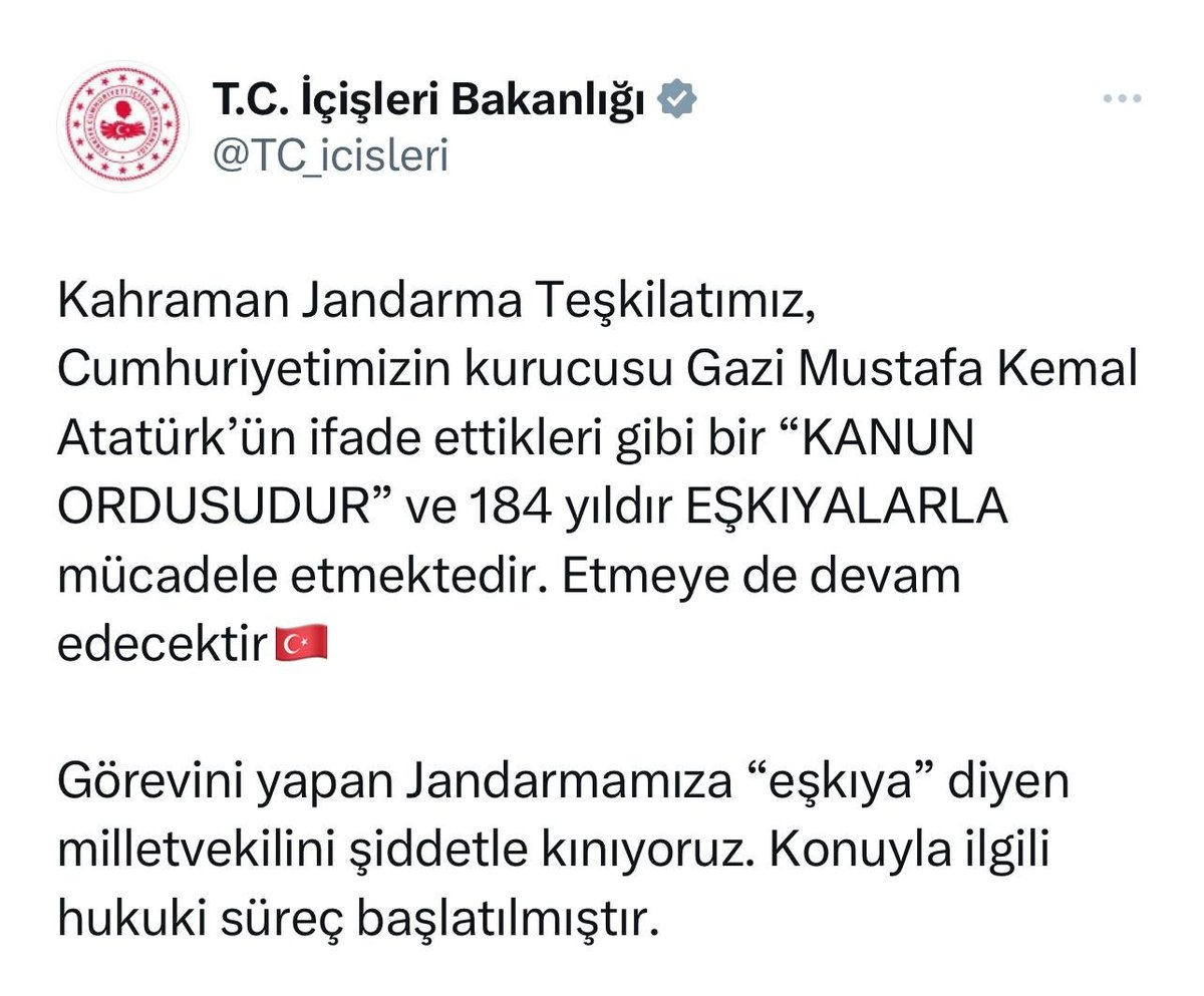 İçişleri Bakanlığı "Eşkıya" diyerek jandarmayı kovalayan CHP'li Mahmut Tanal'a sert tepki verdi. 

▪️“Görevini yapan Jandarmamıza “eşkıya” diyen milletvekilini şiddetle kınıyoruz. Konuyla ilgili hukuki süreç başlatılmıştır.”

MAHMUT TANAL TUTUKLANSIN