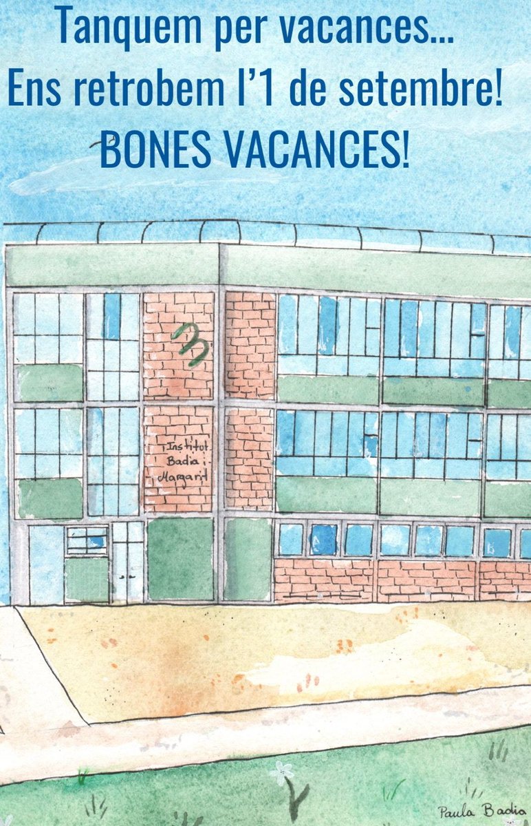InstitutBiM's tweet photo. Amb el dibuix de l'institut fet per la Paula B. marxem de vacances. El centre tornarà a estar obert al públic el dia 1 de setembre. Bones vacances! https://t.co/MbZ6NrBm7x
