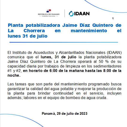 IDAANinforma's tweet image. #PanamáOeste: Planta potabilizadora Jaime Díaz Quintero de La Chorrera en mantenimiento el lunes 31 de julio. @311Panama