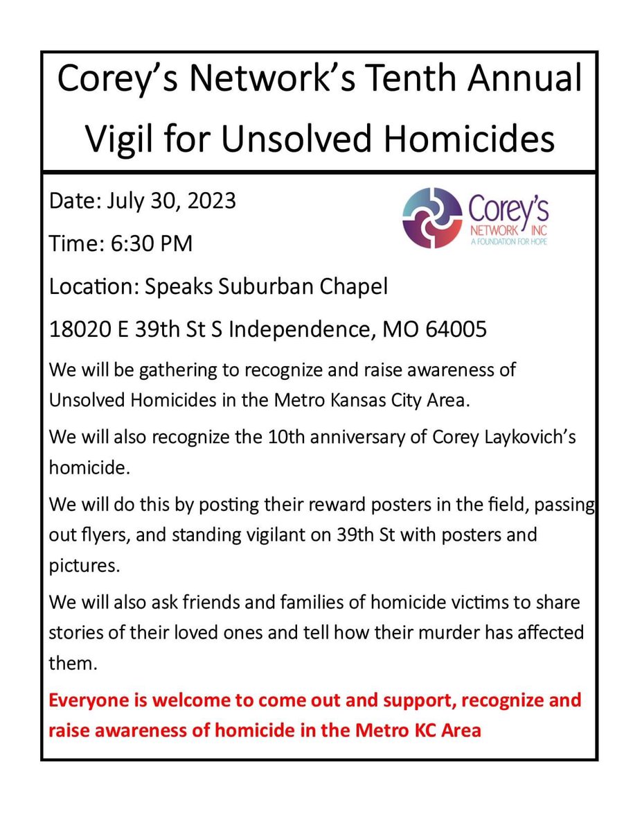 Please attend our vigil for Unsolved Homicides tomorrow. If you have lost someone to homicide or know someone who has you know how devastating this is. 
Please come stand vigilant with us as we remember the victims. We have identified 680 unsolved homicides in the metro.