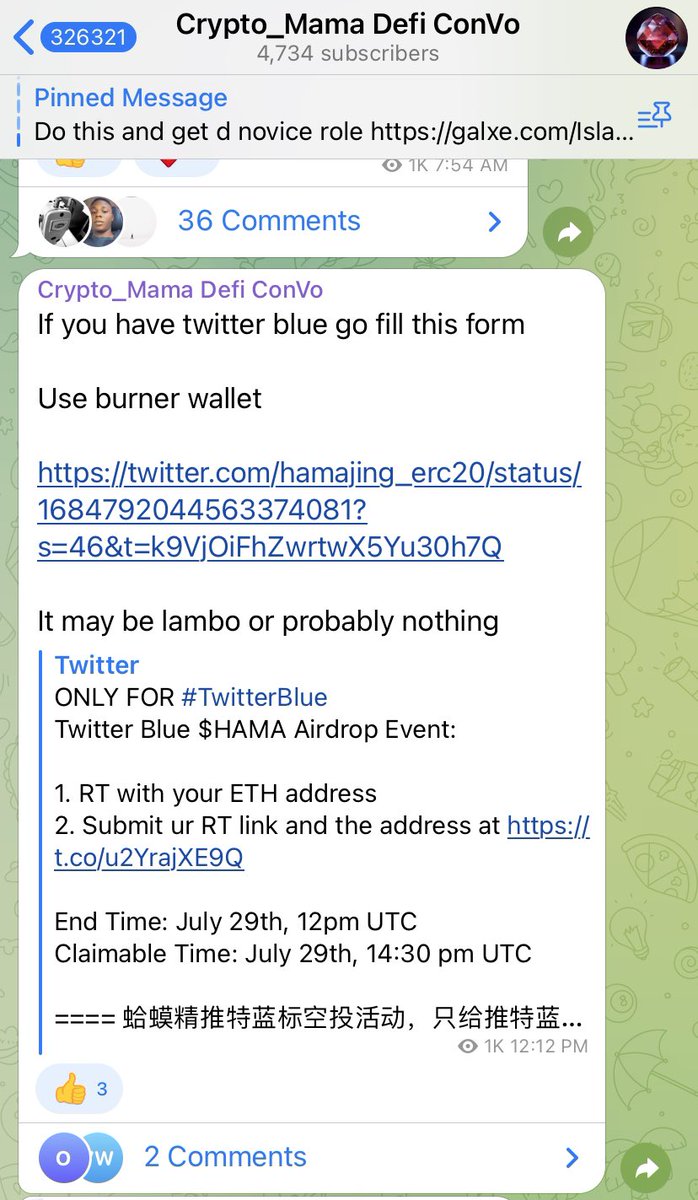 1CryptoMama's tweet photo. Thank you $HAMA 

Update was shared on telegram, though I retweeted their post yesterday for those that have my notifications 📣 on

Today is for Twitter blue subscripboors tomorrow is for those that sent 0 Eth

Join my telegram channel 👇🏼

https://t.co/VqJuCRXOxD

#Airdrop https://t.co/EZOMUxzOlv