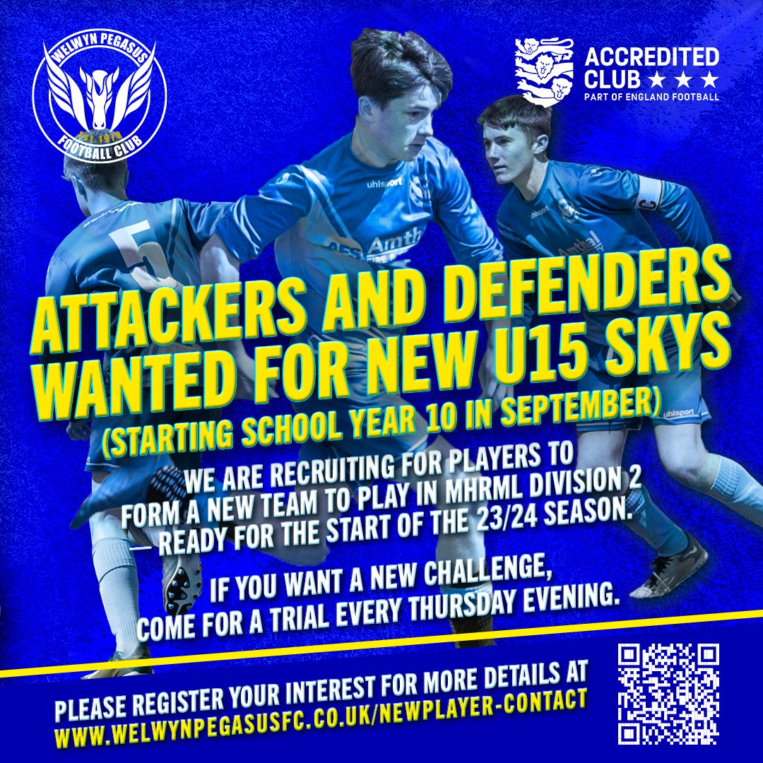 welwynpegasusfc's tweet photo. ⚽️👉 U15 PLAYERS WANTED FOR SKYS TEAM👈⚽️  

@stanboroughs @Ridgeway_AC #WGC #hertfordshire @Teamgrassroots_ @MonksWalkSch @ridgewaypedept
#grassrootsfootball #hertfordshire @wonderfulwgc
#welwyngardencity #U15 #Football @midhertsrml
@TBrazilMidHerts #MHRML #boysfootball https://t.co/BnJbb9xiEu