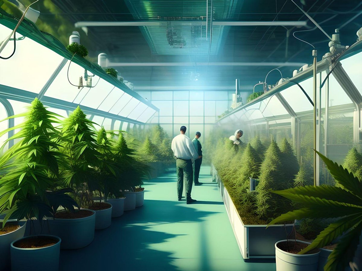 HybridTechUS's tweet photo. Having some fun with AI art! Prompt: Scientists in a high tech cannabis greenhouse! #AIArt #Cannabis #Greenhouse https://t.co/1wLFPcysmk