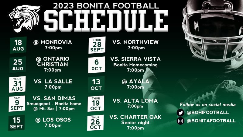 2023 Bonita Football Schedule  

#BearcatCountry