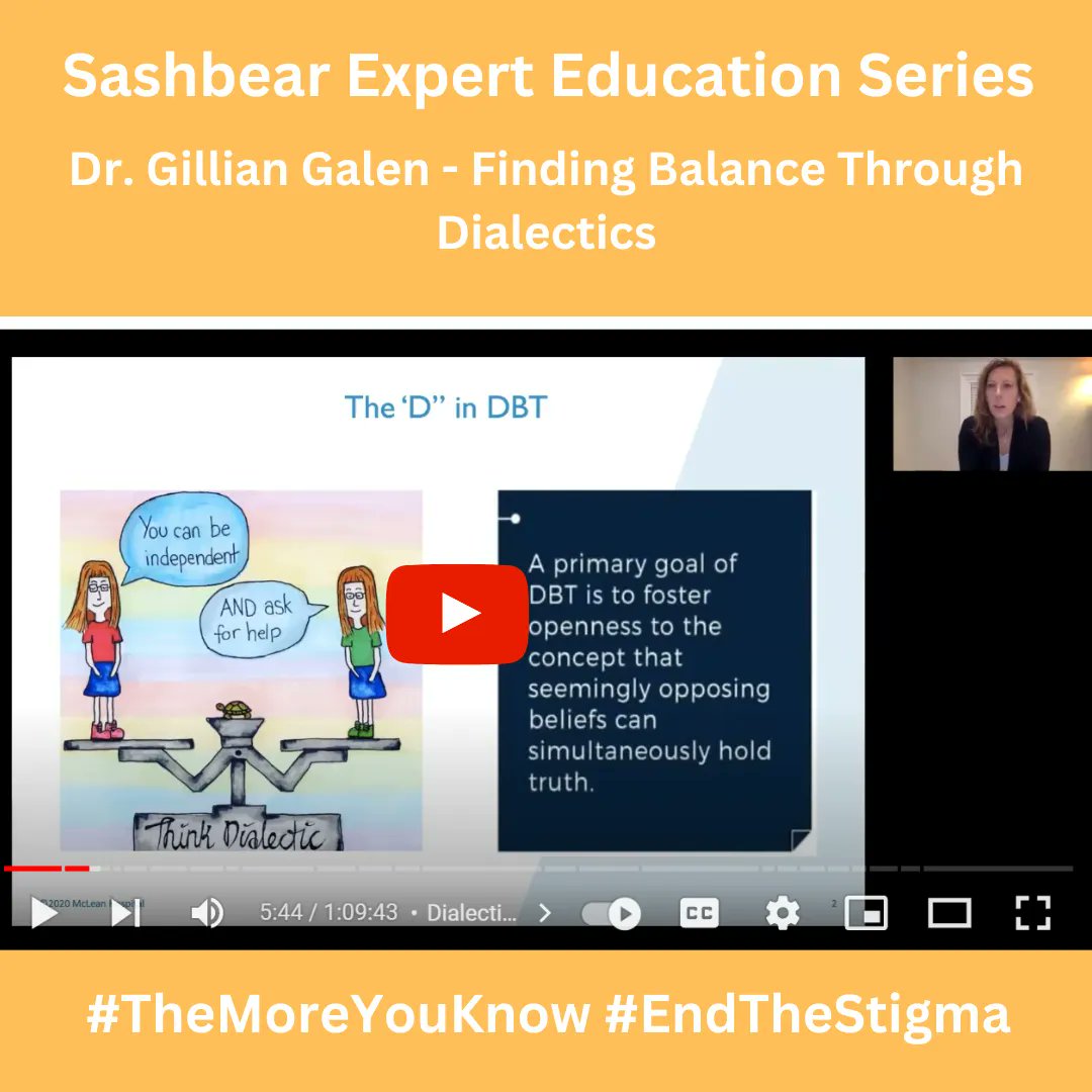 SashbearOrg's tweet image. Dialectics is a core idea in Dialectical Behaviour Therapy (DBT) which is the basis of the Family Connections program.

@DrGalenDBT is an expert in #DBT. Watch now buff.ly/3XRD5cD 

Access our library of over 30 presentations buff.ly/46Q6Ajs

#TheMoreYouKnow