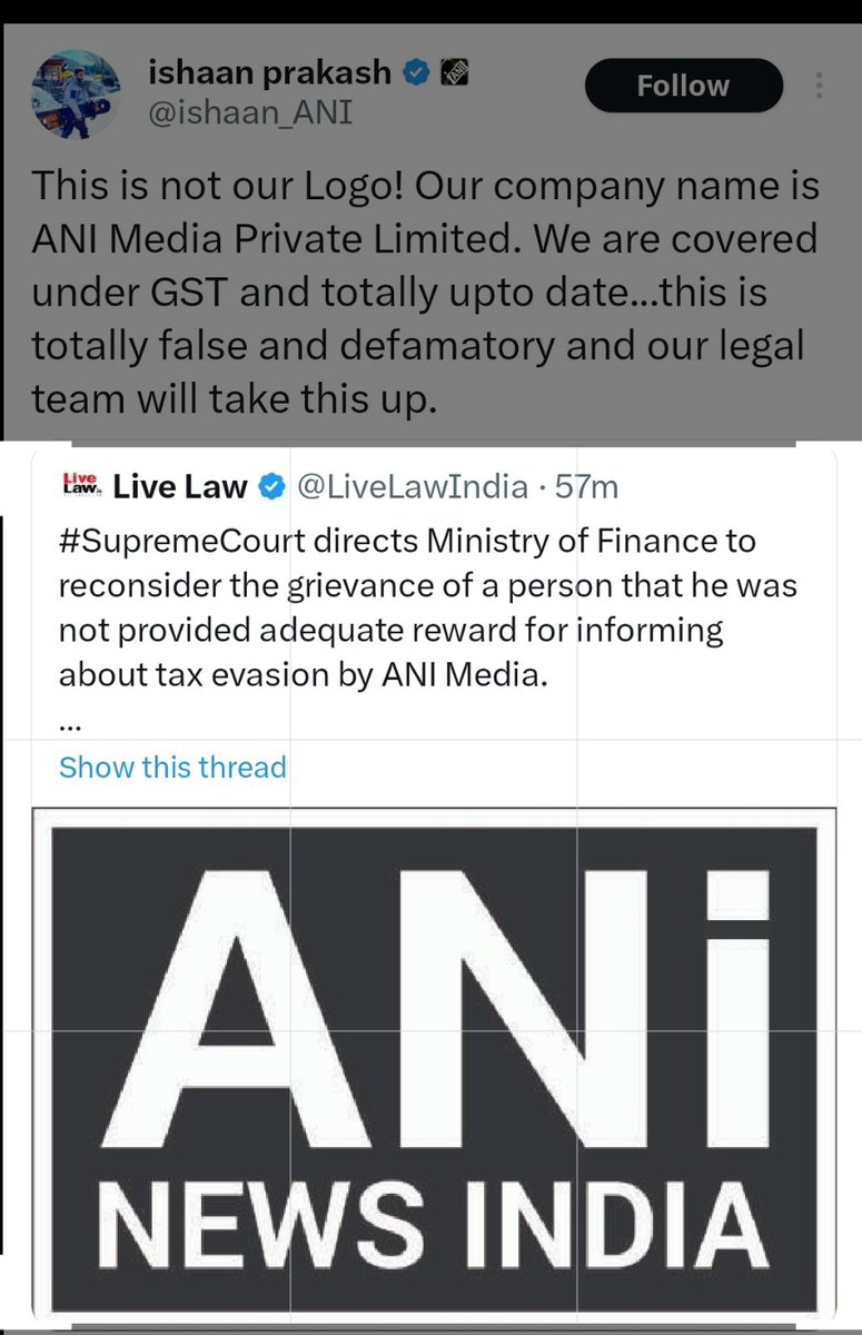 RoshanKrRaii's tweet photo. Sequence of Events : 

Live Law India posts a tweet about ANI evading taxes worth more than 2.5 crores. 

Smita Prakash's son @ishaan_ANI quotes Live Law India, says this isn't our logo, threatens Live Law India of legal action.

Live Law India deletes the tweet immediately and posts a new one with ANIs real logo and also puts court orders proving that it is indeed Smita Prakash's ANI.

Ishaan Prakash deletes the tweet and runs away 🤣🤣🤣

Epic Beizzati!