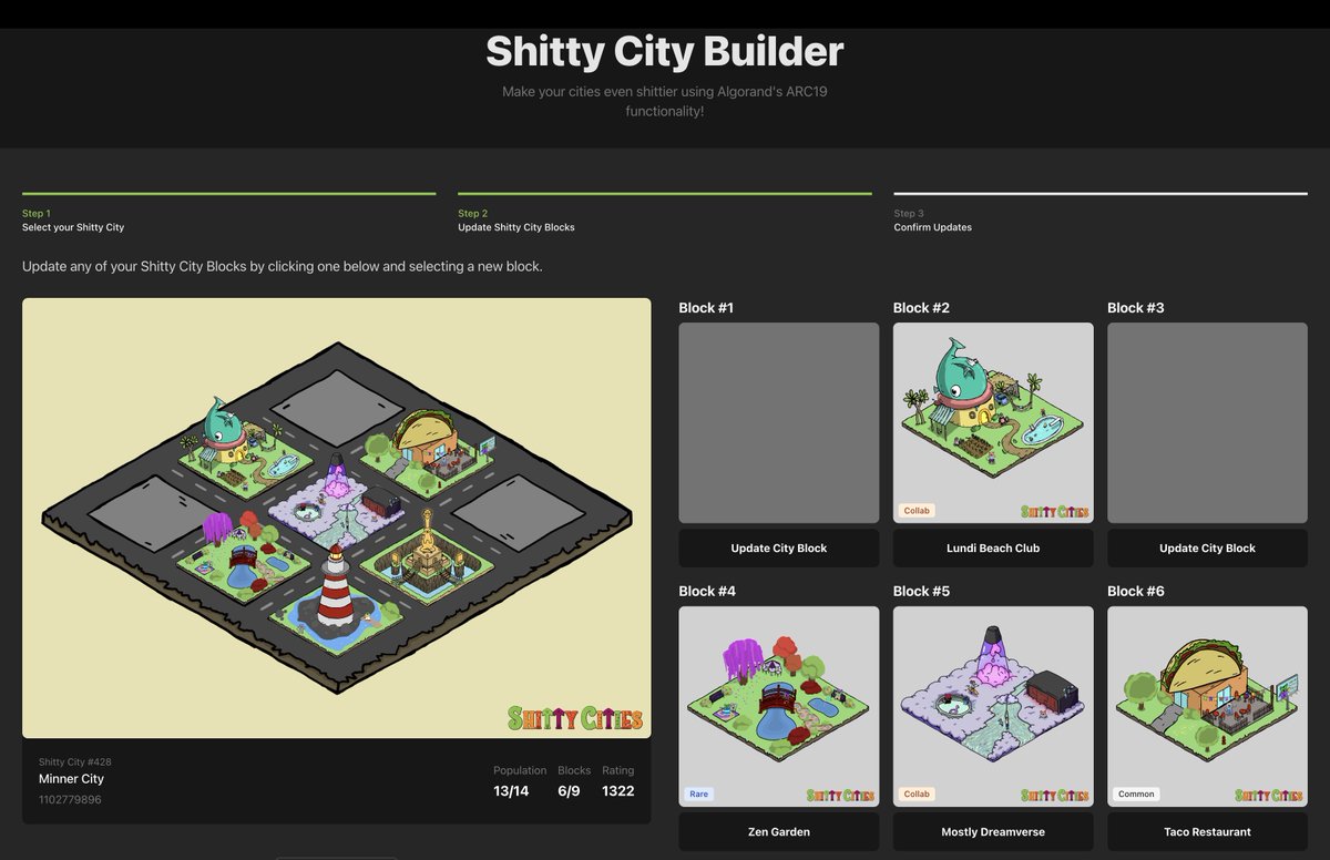 MinnerAlgo's tweet photo. Shitty Cities is the first and shittiest city building NFT Collection on the #Algorand blockchain.
https://t.co/BqtcMlcaUA
Holders can update their Shitty Cities by collecting #ShittyCityBlocks and using the ποΈ City Builder feature on our website. https://t.co/58QHBfnx5q