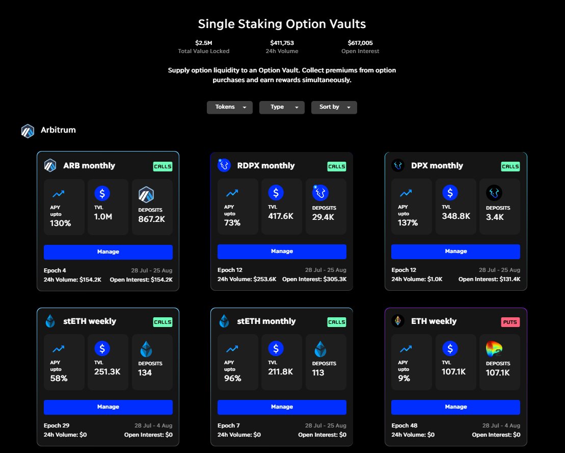 0xsaitama_'s tweet photo. Look at these APRs, LPs are eating really good rn

50-100% on $stETH
130% on $ARB 

These are REWARD incentives and doesn't even count the premiums received for selling options.

https://t.co/CtvwSADmDc https://t.co/0FRMcau4YR