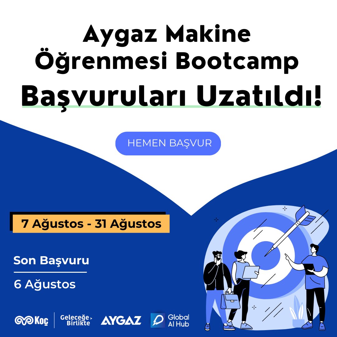 Sana güzel bir haberimiz var! 💫 Aygaz Makine Öğrenmesi Bootcamp başvuruları aldığımız yoğun talep nedeni ile uzatıldı! ⏳ Koç Holding’te iş ve staj imkanı için havuza dahil olmak için bootcamp’e hemen başvur! 🔗 lnkd.in/d9uKMQds #MachineLearning #yazilim #kodlama #ai